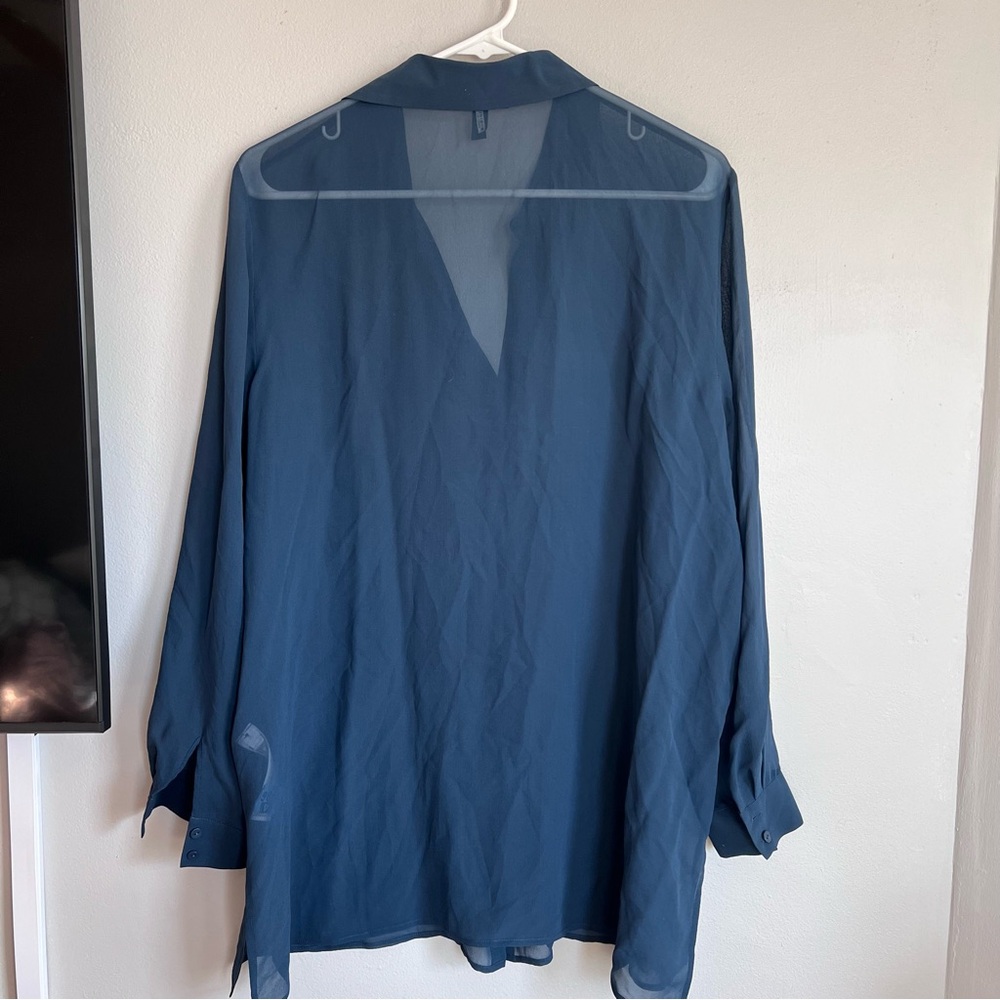 Eileen Fisher Sheer Silk Georgette Classic Collar Shirt Teal M - Picture 7 of 8